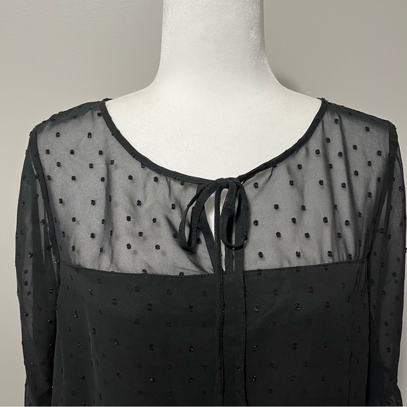 Molly Bracken Sheer Shift Dress Sparkly Swiss Dot Pattern Bell Sleeves Black - Picture 3 of 7